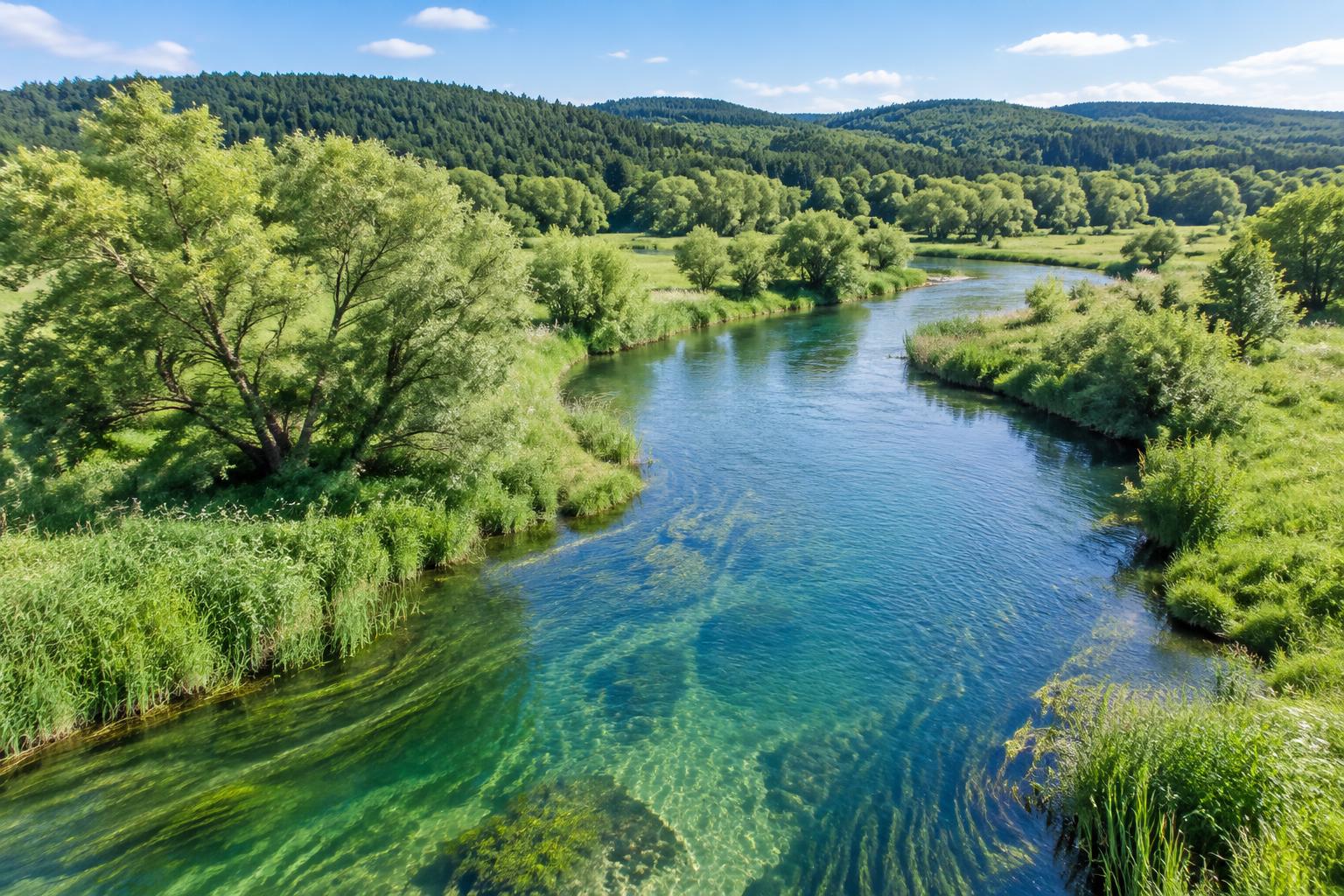 Ilustracyjny krajobraz rzeki i zielonych brzegów, wygenerowany komputerowo